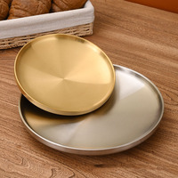 Plateau rond en acier inoxydable SUS304, doré et argenté, pour service, assiette de table pour barbecue, steak, fruits, restaurant, vente en gros
