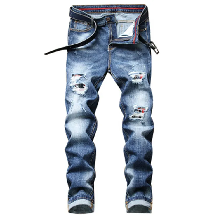 2020 New fashion hole denim jeans skinny straight casual trousers pants for young men