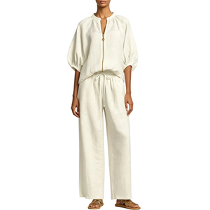 Conjunto Casual de 2 Peças em Cor Sólida com Blusa de Zíper Frontal e Calças Largas com Cordão para Mulheres Sehe Fashion - Product Image 4