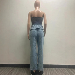Femmes taille haute mode Denim 2 pièces ensemble ourlet plissé élastique haut sans bretelles exposé nombril large jambe pantalon <span class=keywords><strong>jean</strong></span> décontracté Logo - Product Image 6