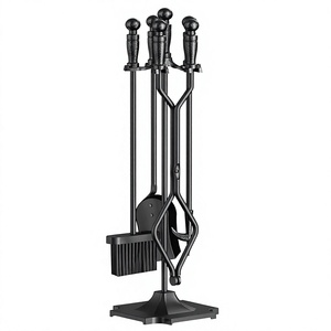 Black Metal Fireplace <b>Tool</b> <b>Set</b> with Poker Tongs Shovel Brush and Stand 5 Piece Traditional <b>Fire</b> <b>Tools</b> - Product Image 2