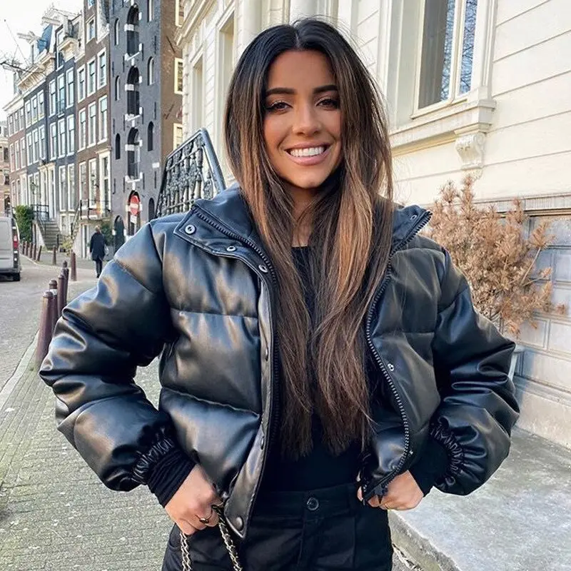 Women Winter Thick Warm Short Fashion Black PU Leather Coats Elegant Puffer Jacket