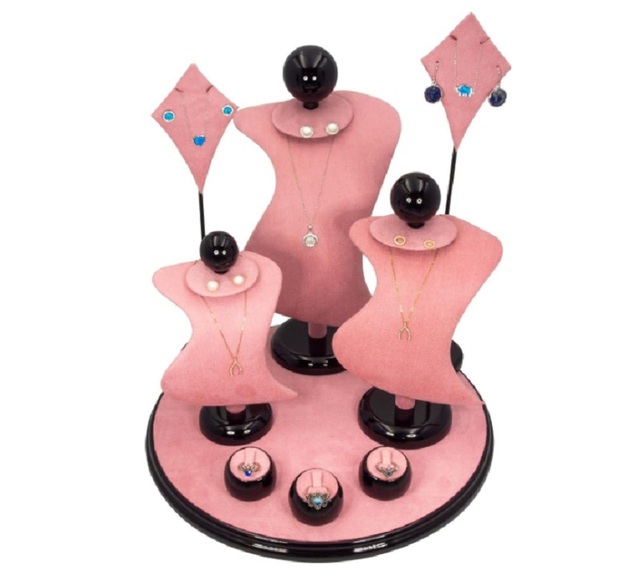 GZowin Luxury Pink Black Velvet Rotating Jewelry Display Stand Set LED Lighting Customizable Design Durable High Quality for