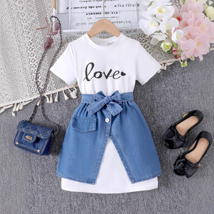 Atacado New <span class=keywords><strong>Kids</strong></span> <span class=keywords><strong>Fashion</strong></span> <span class=keywords><strong>Design</strong></span> Crianças Roupas Set Top Bow Denim Patchwork Saia Meninas Outfits - Product Image 1