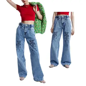 Высококачественные Модные Винтажные женские джинсы с цветочной вышивкой и широкими штанинами, 100% хлопковые мешковатые джинсы с высокой талией