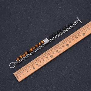Fashion perhiasan manik-manik 8mm, Gelang gesper baja anti karat manik-manik batu Lava buatan tangan batu Macan alami lapisan ganda - Product Image 6