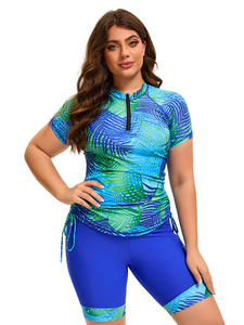 Traje de baño conservador de manga corta de talla grande Traje de baño Capri de una pieza con estampado floral europeo y americano con cordón - Product Image 4