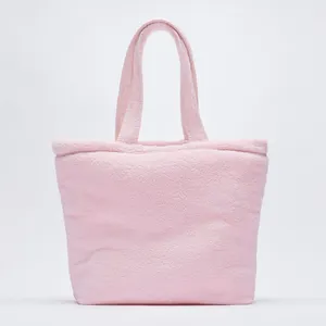 Candy color large capacity terry cloth fabric bag women handbags ladies bags faux fur shopping bags