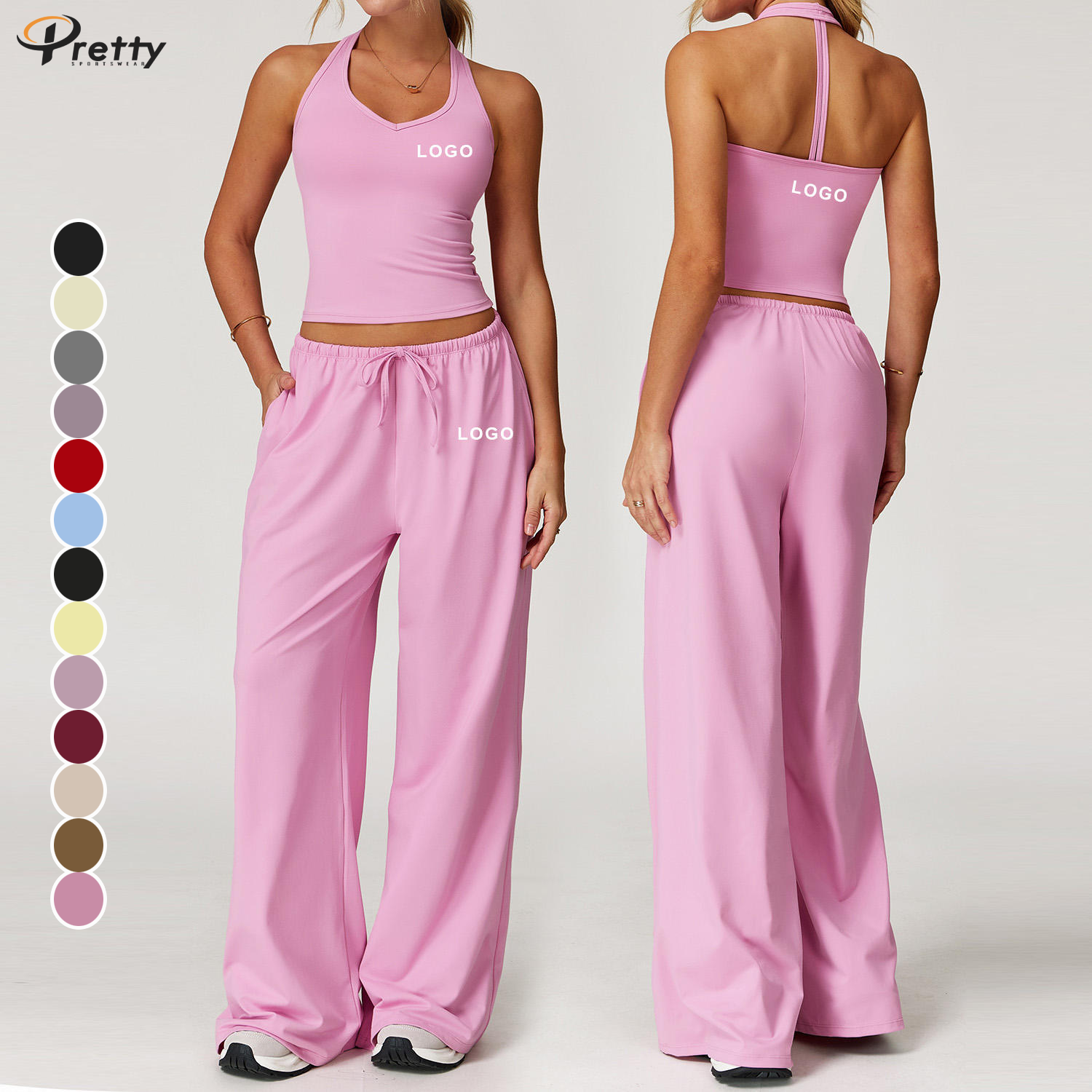 Custom Women's Gym Activewear 2-Pc Set T-Line Tank Top Drawstring Loose Pants Quick Dry Tennis Running Gym Clothing Yoga Wear
