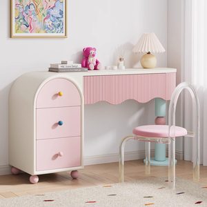 Cream Pink Modern Vanity Table, Cute Wavy Makeup <strong>Desk</strong> For Kids &amp; Teens <strong>Bedroom</strong> Furniture - Product Image 5