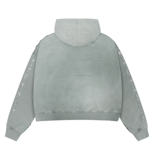 เสื้อฮู้ดดี้ผู้ชายสีเทาอ่อน GSM สูง ทรงโอเวอร์ไซส์ พิมพ์ลายตัวอักษรประดับเพชรด้านหน้า ดีไซน์ขาดเซอร์ๆ - Product Image 2