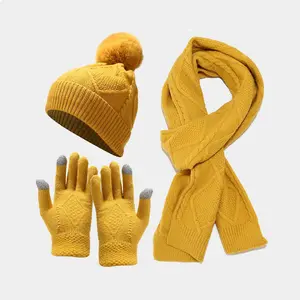 Ensemble de 3 chapeaux et écharpes d'hiver tricotés pour femmes, filles, ensembles écharpe, bonnet et gants