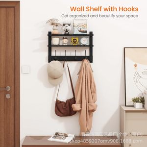 Iron And Wood Wall Mounted <b>Rack</b> With Hooks 3 Tier Floating <b>Shelf</b> Black Coat Key Organizer For Entryway Home Storage - Product Image 5