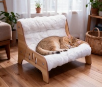 Canapé en bois pour chaton d'intérieur, cadre incurvé en bois courbé, coussin en peluche pour chats et petits chiens, salon