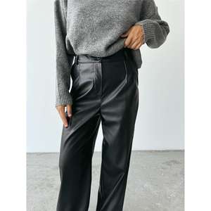 Pantalon palazzo en cuir, jambe large, taille haute, noir, tissu PU anti-rides, pantalon pour femmes - Product Image 3