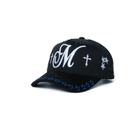 Casquette de baseball noire OEM 5 panneaux unisexe en coton avec visière étoilée, broderie 3D personnalisée, logo croix en strass et doublure satinée G5 NFC