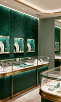 Vitrine à bijoux en velours vert de luxe avec finition dorée - Vitrine haut de gamme pour bijouterie