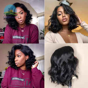 Parrucche vergini allineate perruque water wave crotchet jet capelli peruviani neri peruk bob parrucche frontali in pizzo corto per donne nere - Product Image 5