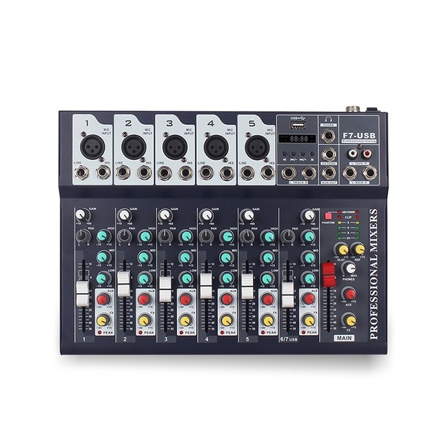 F7 7 Channel Professional Console Studio Audio Mixer USB Blueteeth DJ Sound Mixing for Family KTV Campus Speech Meeting
