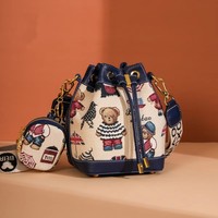 Nouveau sac seau en toile simple et urbain, motif ours de dessin animé, petite taille pour femme, bandoulière unique, sac à bandoulière en polyester