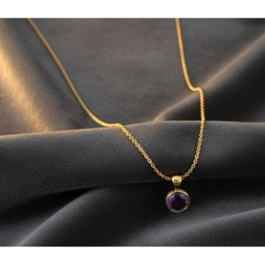 18KT Gold Solitaire Amethyst Pendant Necklace Minimalist Bezel Set <b>Purple</b> Gemstone Fine Jewelry Necklace - Product Image 4