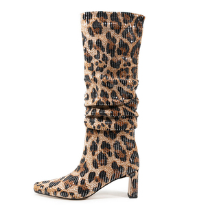 Women's Piled Pleated Upper Knee High Boots Chunky High Heels Leopard Print <b>Shoes</b> Big Size 45 Bling Glitter Long Booties - Product Image 2