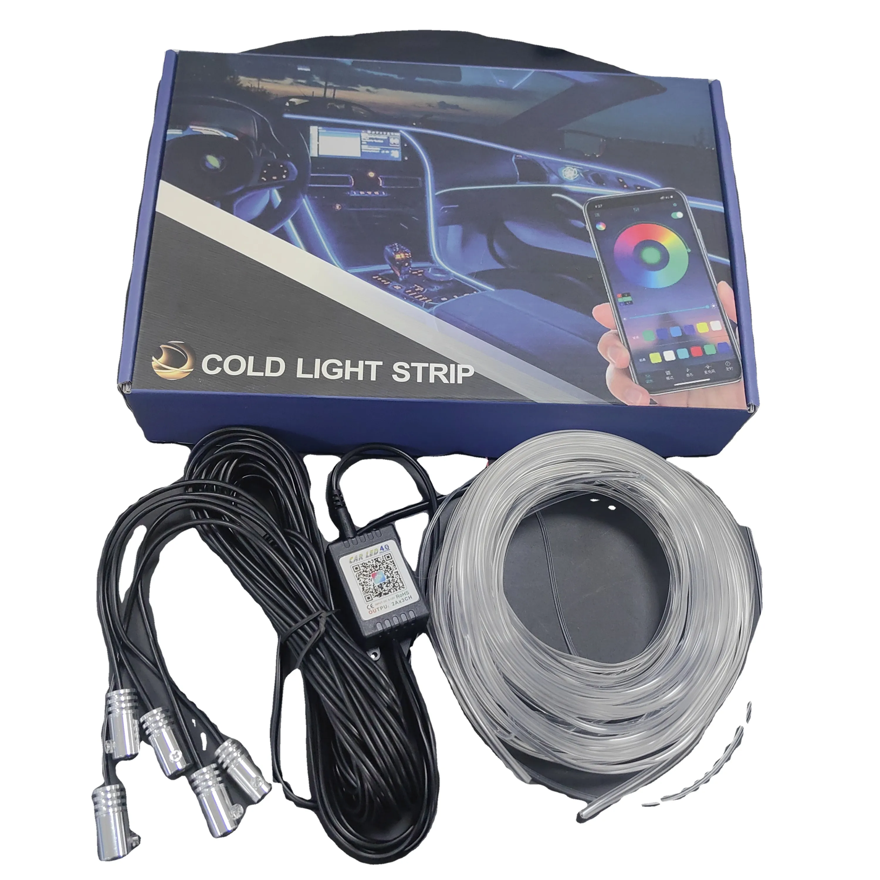 Rgb Led Sfeer Auto Interieur Omgevingslicht Kit Glasvezelstrips Licht Voor App Controle Diy Muziek 8M Glasvezel Band