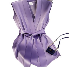 Vestido de Gasa sin Mangas Color Vino Tinto, Estilo Francés Elegante y Sofisticado, Diseño Exclusivo de Alta Gama, con Cinturón Anudado, para Primavera - Product Image 6