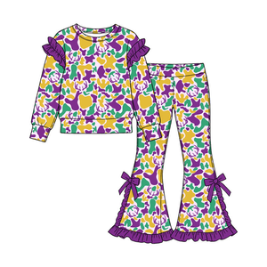 Girls Mardi Gras <b>Cow</b> Camo Outfit Hoodie Flare Pants Kids Carnival Tracksuit <b>Purple</b> Green Yellow - Product Image 3