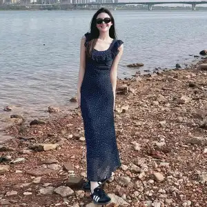 French Style Polka Dot Flutter Sleeve Square Neck Suspender <b>Dress</b> <b>Elastic</b> Waist Long Casual <b>Dress</b> For Women Summer 2025 - Product Image 5