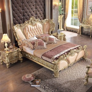 סט חדר שינה עיצוב ריהוט ריהוט בית זהב מפעל אספקת יד מגולף עץ מודרני יוקרה קלאסי קינג גודל חדר שינה - Product Image 2