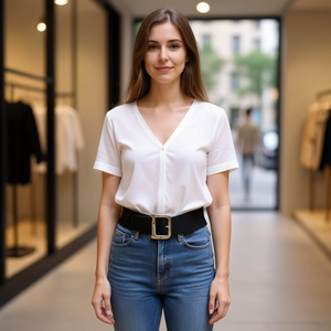 Cintura in metallo nera e marrone 7,5x82 cm con fibbia oro e argento, elastica, accessorio moda per donna - Product Image 3