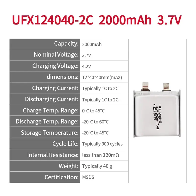 UFX 124040 2000mAh 3.7V2C放電Lipoバッテリー