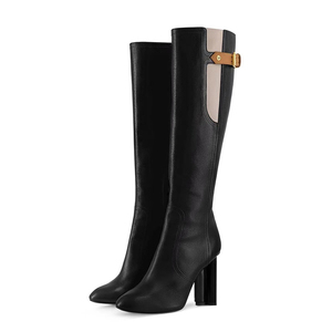 Retro High Chunky Heels Long Booties Metal Belt Buckles Side Zipper Patchwork Shoes Women Square Toe Knee High <b>Boots</b> - Product Image 2