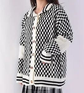 Custom Fashion High Waist Button Front Placket Long Sleeve Women's Casual Checkerboard Printed Knit Cardigan
