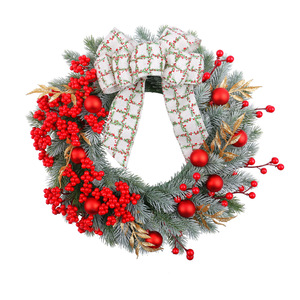 YUELIAN Eco-Friendly 38cm Plastic Artificial Red Berry Christmas Wreath Plaid Bow Front Door Hanging for Indoor/<b>Outdoor</b> Decor - Product Image 5