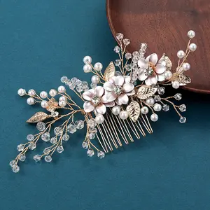 Accessoires de cheveux pour femmes en cristal de perles dorées nobles et élégantes faites à la main peignes de mariage de mariée