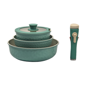 Batterie de cuisine en aluminium antiadhésif pour induction avec revêtement extérieur rose bleu et vert et couvercle en verre de silicone 5pcs - Product Image 1