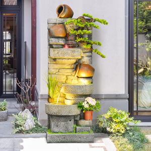 Fontaine murale en pierre Quanfangyuan pour extérieur, décoration de jardin avec lumières LED et plantes 110-230V - Product Image 3