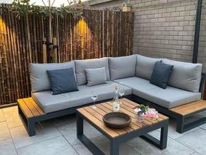 Modern Outdoor L-Shaped Garden <b>Sofa</b> Set With <b>Wooden</b> <b>Frame</b> And Dark Blue Cushions Waterproof Contemporary Design - Product Image 6