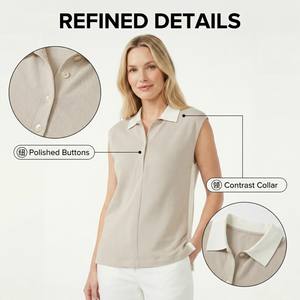 Chaleco Casual Transpirable de Algodón y Lino para Mujer, con Bloques de Color Gris y Blanco, Cuello <span class=keywords><strong>Polo</strong></span> y Sin Mangas - Product Image 5