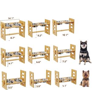 Köpekler kediler besleyici için fabrika doğrudan satış ayarlanabilir bambu yükseltilmiş köpek paslanmaz çelik çanaklar ile kedi maması standı tutucu - Product Image 2