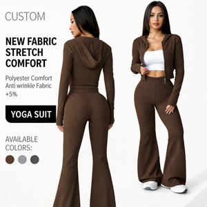 Ensemble <span class=keywords><strong>veste</strong></span> à capuche zippée en nylon et élasthanne personnalisée et pantalon <span class=keywords><strong>de</strong></span> yoga évasé taille haute anti-transpiration à séchage rapide pour la gym, le yoga et le fitness - Product Image 1