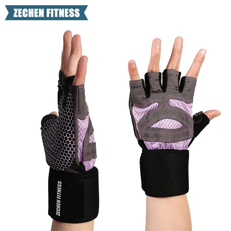 Sarung tangan Gym angkat berat Fitness Wanita olahraga setengah jari empuk silikon kustom
