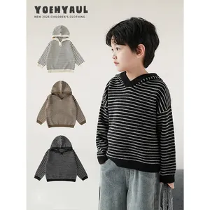 2023 Autumn Winter Boys' Casual Loose Striped Hooded Pullover Sweater Winter Children's New Ribbed Edge Sweater