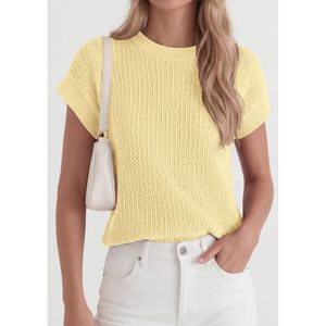 Chaleco de punto para mujer, top de ganchillo transpirable con manga casquillo, atuendo de verano, amarillo claro, ropa casual - Product Image 5