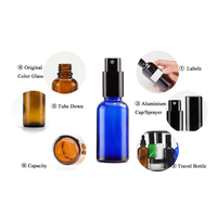 Flacon cosmétique en verre bleu de 30 ml, vide, rechargeable, pour le stockage des soins de la peau, récipient liquide avec pulvérisateur en aluminium noir