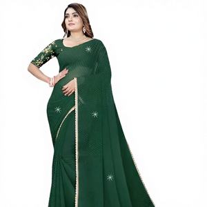 Modern Ethnic Dark Green Renial <b>Saree</b> <b>for</b> <b>Women</b> 1BY2M Embossed Printing Ultimate Wedding & Ceremony Wear Indian Pakistani Style - Product Image 2