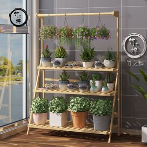 Bamboo Folding Multi Layer Plant Stand For Balcony And Living Room With Hanging Support Rectangle Minimalist Style - Product Image 1