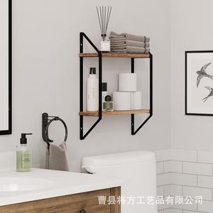Two Tier Floating Wooden And Iron Storage Rack Wall Mounted Durable For Home Organization - Product Image 2